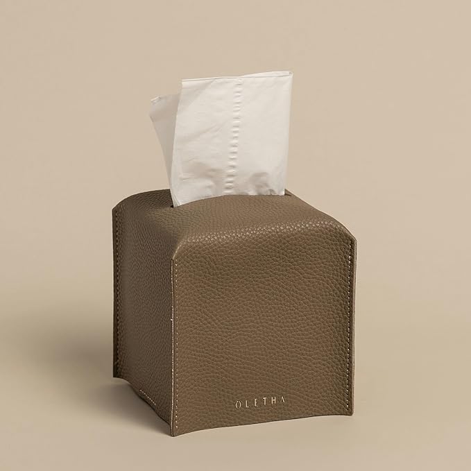 OLETHA Square Tissue Box Cover - Aesthetic Desk Decor for Room, Home & Office - Tissues Cube Boxes Holder - Tan Gray
