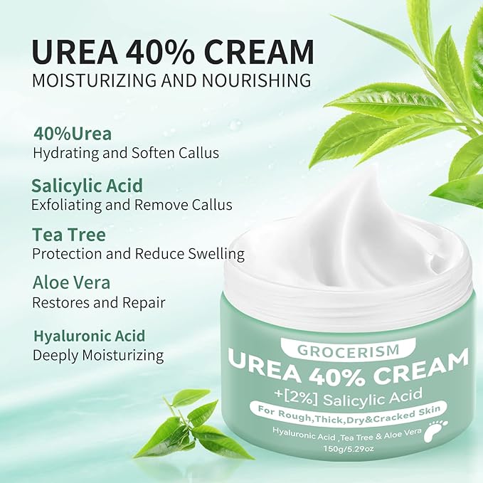 Grocerism 2 Packs Urea Cream 40% Plus 2% Salicylic Acid 5.30 oz || Foot Cream Maximum Strength with Hyaluronic Acid, Tea Tree, and Aloe Vera for Deep Moisturizes, Callus Remover and Soften