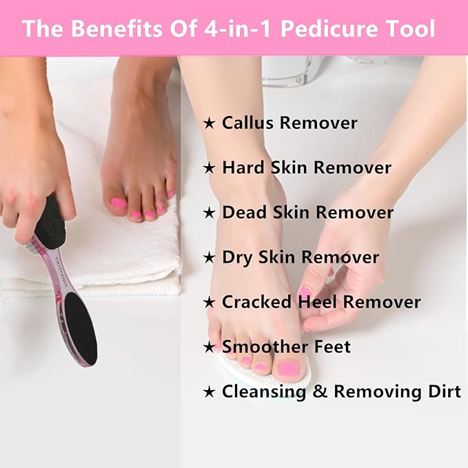 Foot File Callus Remover 4-in-1, 3 Pcs Feet Scraper Pedicure Tools with Pumice Stone, Scrubber Brush, Foot Rasp and Sand Paper, Double Sided Multi Purpose, Clear Pink, Blue, Purple