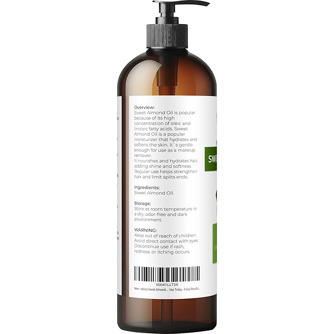 velona Sweet Almond Oil - 16 Fl Oz | 100% Pure and Natural Carrier Oil |Cold Pressed | Skin, Hair, Body & Face Moisturizing | Use Today - Enjoy Results…