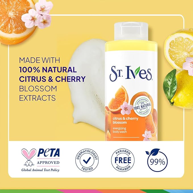 St. Ives Body Wash, Citrus & Cherry Blossom Energizing Shower Gel 2-Pack, 100% Natural Extracts, Cruelty-Free, 22 Oz Ea