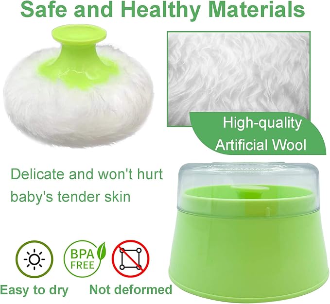 BPA Free Baby Powder Puff Box, Large 2.8" Fluffy Body After-Bath Powder Case, Baby Care Face/Body Villus Powder Puff Container, Makeup Cosmetic Talcum Powder Container with Hand Holder (Green)