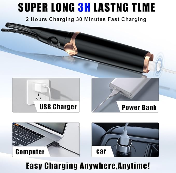 Heated Eyelash Curlers - 2 in 1 Clip- Type Heated lash Curler Best Seller Electric Eyelash Curler 3 Temp Settings for Makeup Tools USB Rechargeable Natural Curling 24H Long Lasting B-2