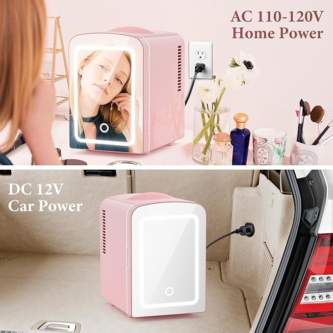 Xbeauty Skincare Mini Fridge With Dimmable LED Mirror, 4L Mini Makeup Refrigerator for SkinCare, Cosmetics, Food & Drinks, Portable Small Refrigerator for Bedroom, Dorm, Car, Office, Pink