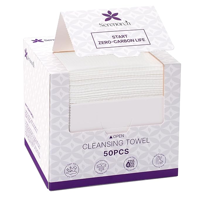Disposable Face Towels (50 Count) – XL 10"x12" Ultra Thick Facial Cleansing Cloths – Soft Biodegradable Dry Wipes for Sensitive Skin – Lint-Free Makeup Remover Towelettes for Daily Skincare