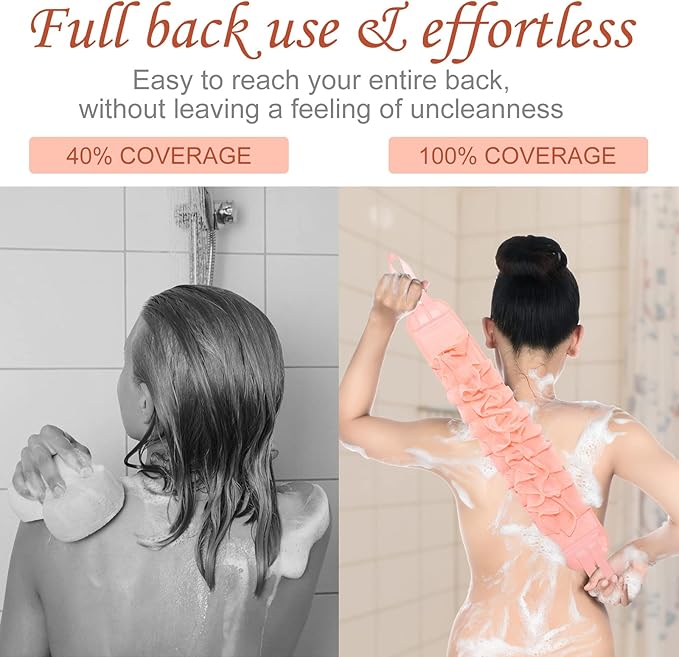 2 Pack Exfoliating Back Scrubber Double Sided Exfoliating Cloth with Strap Long Body Scrub Sponge Shower Loofah with Handle for Women Men Deep Clean Body Washing (Pink, Blue, Soft Cloth)