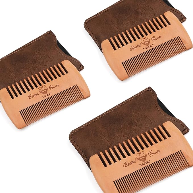 Wooden Beard Combs with Cases - Fine & Coarse Teeth, Pocket Comb for Beards, Mustaches & Hair, Brown Skull Design