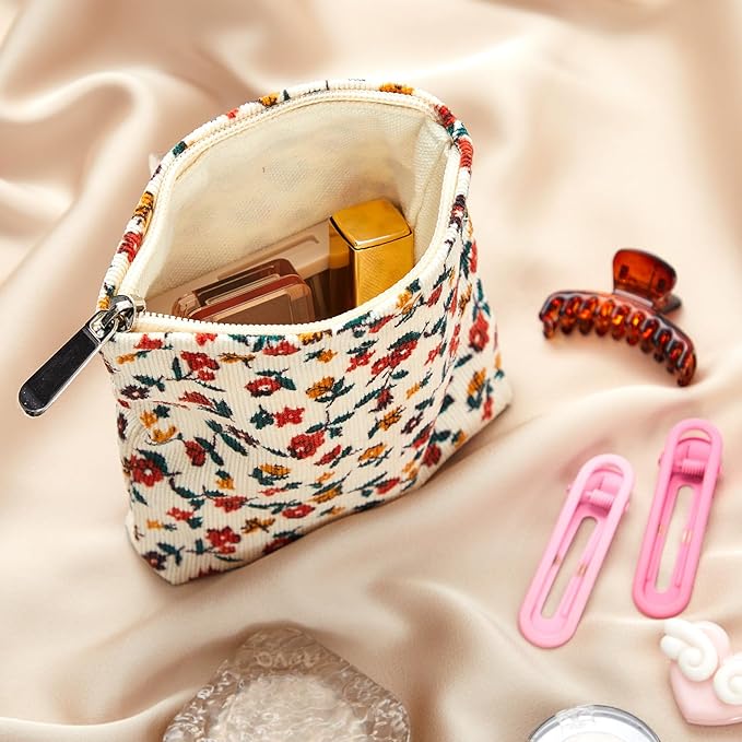 Abbylike 4 Pcs Small Makeup Bag Corduroy Cosmetic Pouch with Zipper Portable Little Bags for Purse Mini Pouch Cute Makeup Purse for Coin Essentials Items Women(Elegant)