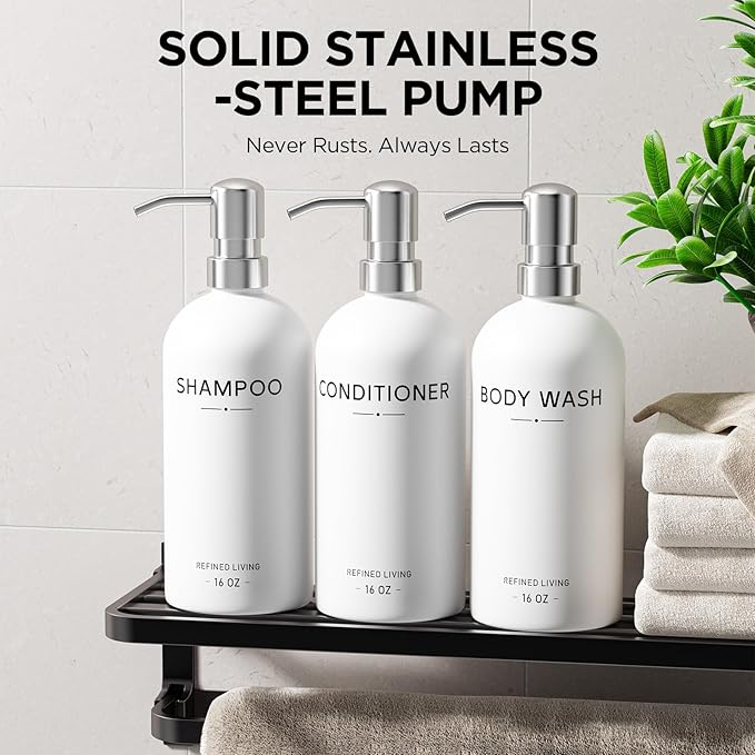 Shampoo and Conditioner Dispenser Set,3 Refillable 16oz Bottles with Stainless Steel Pumps – Shower Soap Dispensers for Bathroom, Hotel or Airbnb (Silver, 3-Pack)