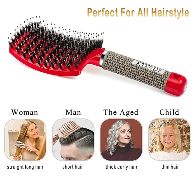 KTKUDY Detangling Hair Brush - Boar Bristle & Tangle-Free Design for Kids, Women, and Men - Perfect for Wet and Dry Hair - Smooth, Magical Pain-Free Styling (Red)
