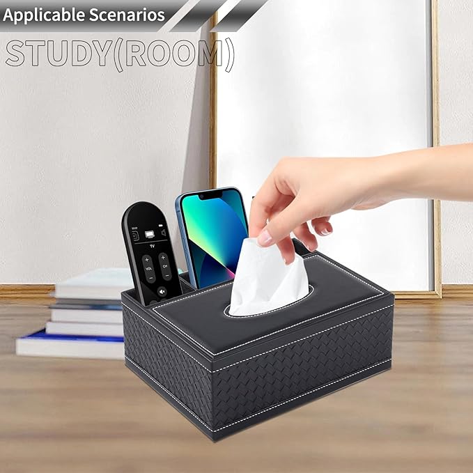 PU Leather Rectangular Tissue Box Cover - Multifunctional Tissue Box Holder with Stationery Remote Control Box, Decorative Tissue Pen Remote Organizer for Home/Office/Restaurant
