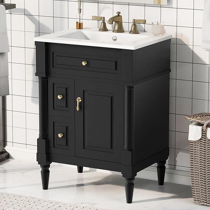 Harper & Bright Designs 24" Bathroom Vanity with Sink, Free Standing Bathroom Vanity Set with Flip Drawer, 2 Drawers, and Adjustable Shelf, Wood Storage Cabinet with Ceramic Basin for Bathroom, Black