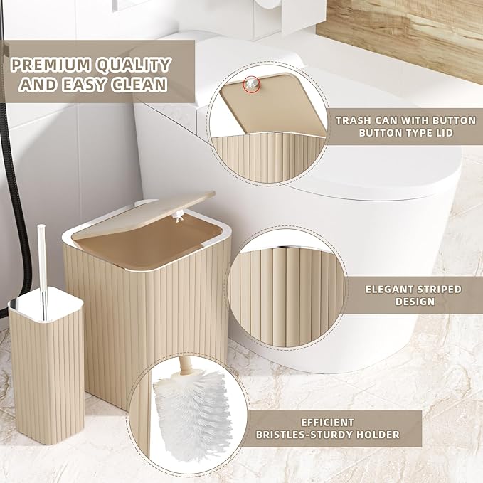 Bathroom Accessories Set - 25PC Bathroom Sets with Shower Curtain and Rugs, Beige Bathroom Set with Trash Can, Soap Dispenser, Soap Dish & Toilet Brush