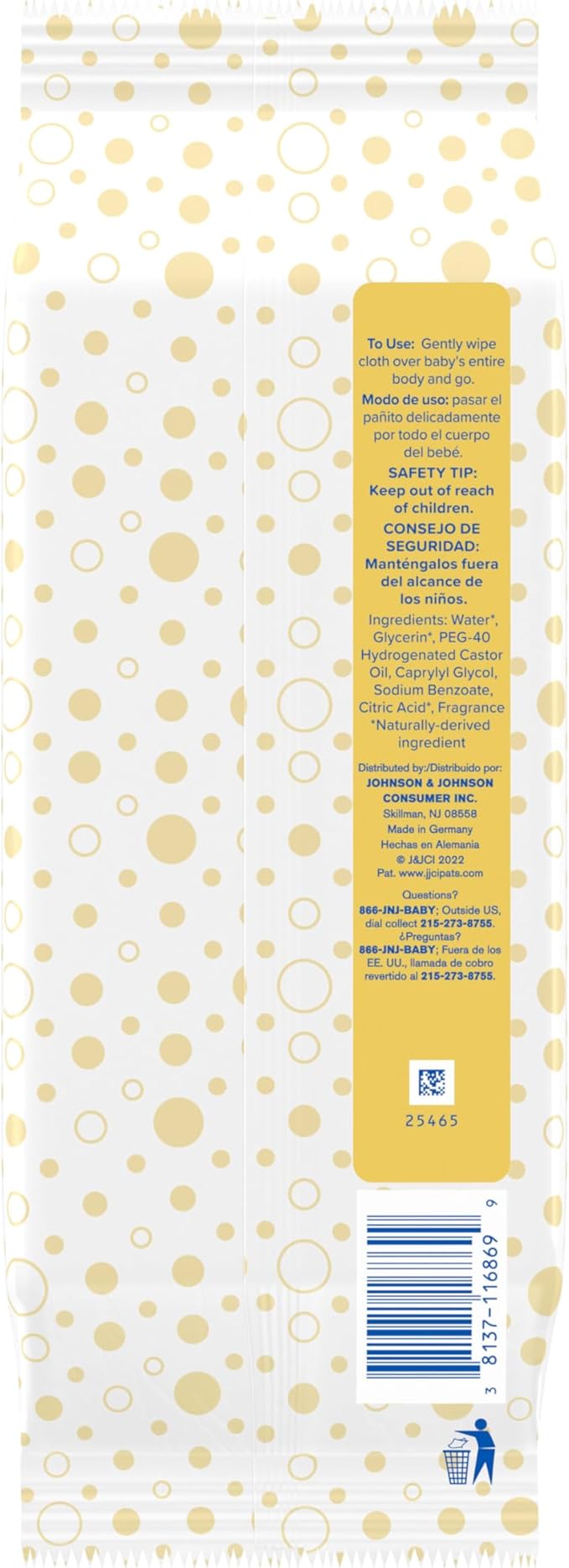 Johnson's Baby Head-to-Toe Gentle Cleansing Cloths, No Rinse, Disposable Pre-Moistened Baby Bath Wipes, Hypoallergenic Newborn Essentials, Head-to-toe Wipes, Paraben-Free 15 ct