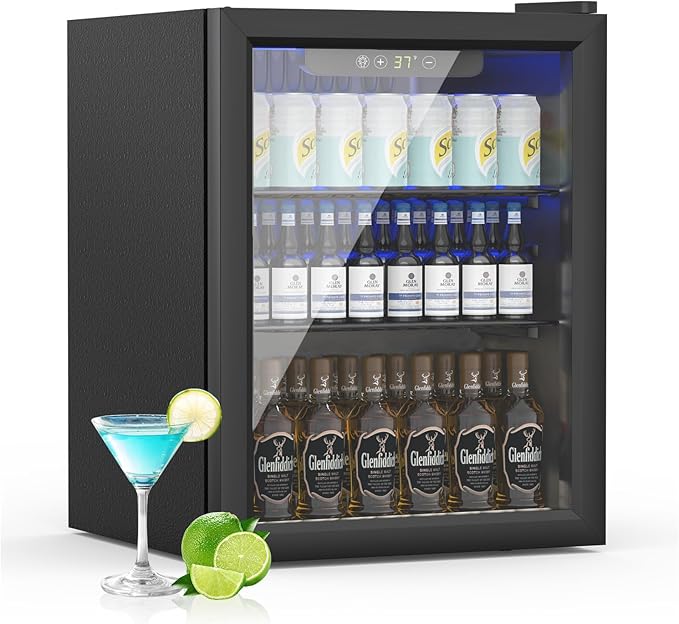 Stopasd Beverage Refrigerator Cooler, 1.7 Cu.Ft/70 Can Drink Fridge with Adjustable Shelves & Clear View Door Soda Wine Beer, Quiet Undercounter Small Fridge for Home/Office/Bar/Garage(40-61 ℉), Black