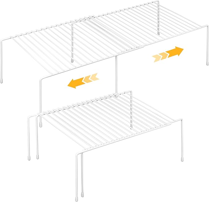 AmaQueen 2 Pcs Expandable Shelf Organizers for Cabinet Closet Cupboard, Adjustable Fridge Shelves Freezer Rack Refrigerator Single Shelf, Extender Plate Shelf for Kitchen (White)