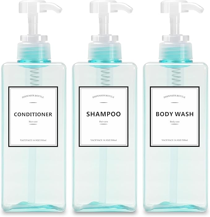 Blue Shampoo and Conditioner Bottles, YACEYACE 16.9oz Set of 3 Blue Clear Empty Shampoo and Conditioner with Pump, Dispenser Shampoo Conditioner, Body Wash Dispenser