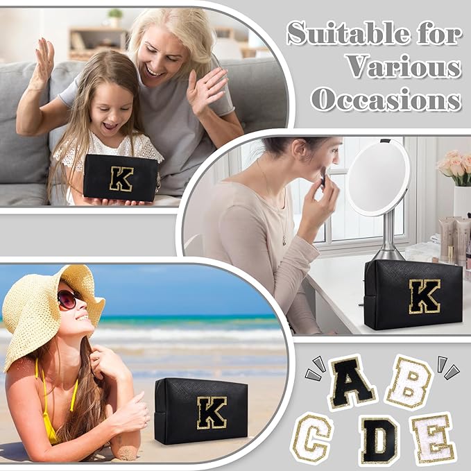 Personalized Initial A-Z Preppy Patch Makeup Bag,Small PU Chenille Letter Cosmetic Bag with Zipper for Teen Girls,Black Cute Toiletry Organizer Bag,Monogram Makeup Case Gift for Women Girls,Letter K