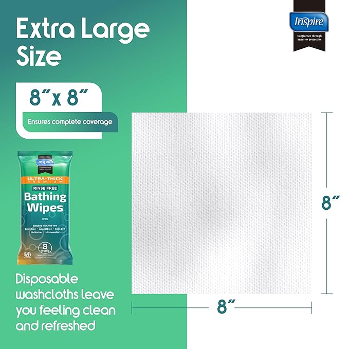 Inspire Ultra Thick Rinse-Free Bath Towels | Shower Towels - Flush-Free Wet Wipes with Aloe | Thick Strong Extra Large Towel for Adults | Body Wipes for Adults Bathing
