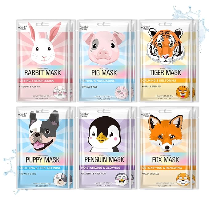 Epielle Character Face Mask Fuzzy Friends 12 Pack, Fun & Effective Korean Skin Care, Spa Party Favors, Easter Basket Stuffers, Birthday Gifts for Women, Self Care Gifts