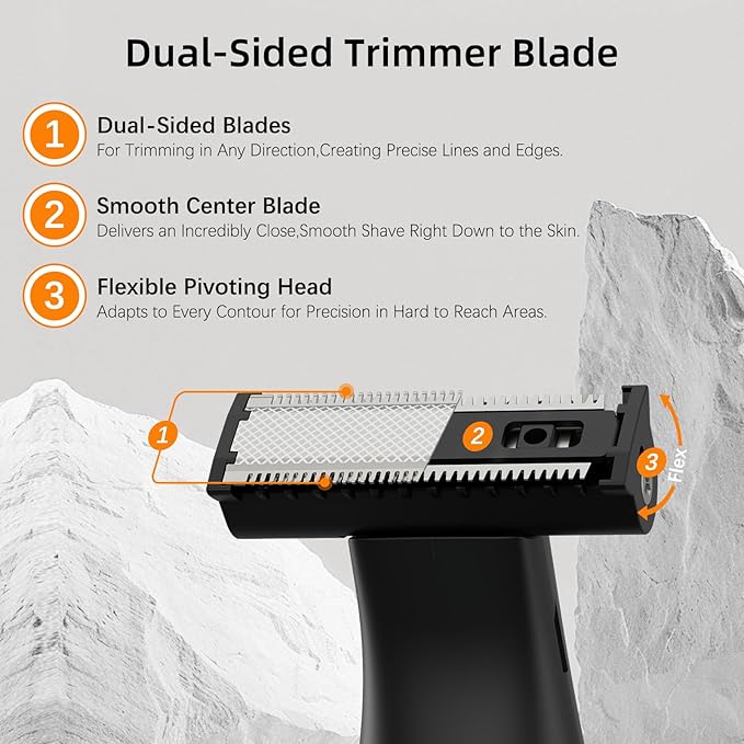 RUIM Men's 3-in-1 Body Groomer | Waterproof Electric Shaver for Groin & Sensitive Areas | Painless Wet/Dry Use with Nose & Eyebrow Trimmer | 8-Head Kit for Chest, Back, Body Hair