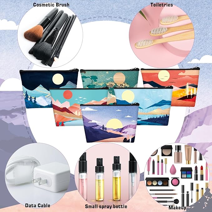 Sweetude 12 Pcs Mountain Makeup Bag Bulk Colorado Gifts Portable Travel Cosmetic Bags with Zipper Waterproof Portable Roomy Travel Beauty Toiletry Organizer Storage Pouch for Women (Mountain)