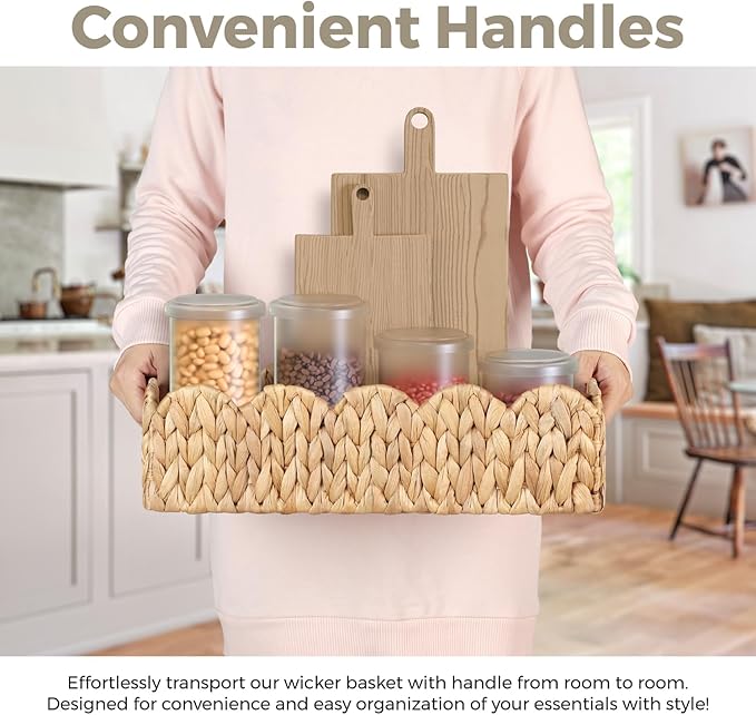 Handwoven Water Hyacinth Scalloped Countertop Storage Basket, Toilet Tank Basket for Bathroom, Scalloped Edge Wicker rectangle Basket for Toilet Paper Baskets, Vanity, Entryway, or Living Room (1pcs)