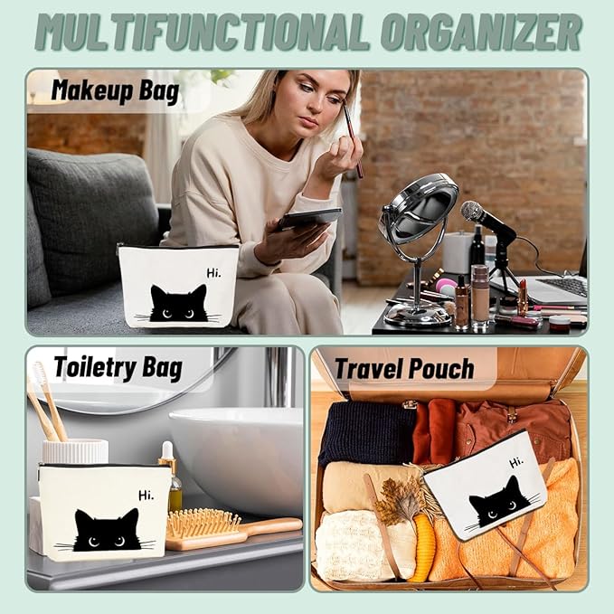 Cute Cat Makeup Bag, Kitty Canvas Cosmetic Bags Zipper Pouch Travel Toiletry Bag, Black Cat Gifts for Women Girls Daughter Sisters Coworker Friends Christmas Thanksgiving Birthday Gifts