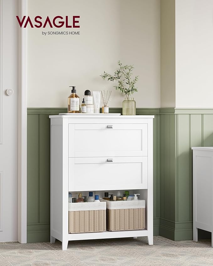 VASAGLE Storage Cabinet, Freestanding Floor Cabinet, 2 Drawers with 1 Set of Adjustable Divider, 2 Baskets, Sideboard, 11.8 x 23.6 x 31.5 Inches, for Bathroom, Living Room, Cloud White UBBC545W02
