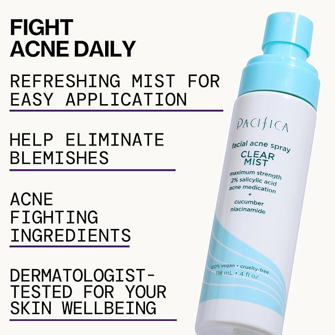Pacifica Facial Spray for Acne Treatment - Clear Face Mist Acne Spray w/ 2% Salicylic Acid Niacinamide & Aloe - Acne Cleanser - Targets Bacteria for Teens & Adults Vegan Clean Dermatologist Tested
