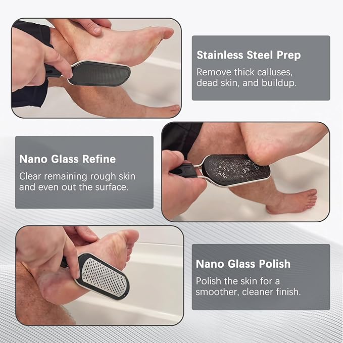 FREATECH Nano Glass & Stainless Steel Foot File 2-in-1 Foot Rasp for Callus Remover, Professional Pedicure Tool for Hard Cracked Dead Heel Skin, Smooth Exfoliating Heel Care for Home Spa Shower