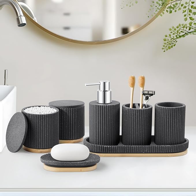 7PCS Bathroom Accessories Set, with Soap Dispenser, Q-tip Holder, Toothbrush Holder, Tumbler, Soap Dish, Vanity Tray, Bathroom Set Complete Organizer Countertop for Modern Decor, Black