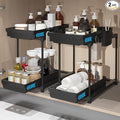 2 Pack Double Sliding Under Sink Organizers and Storage, 2 Tier Under Bathroom Cabinet Shelf Organizer with Hooks Hanging Cup, Home Organization, Black