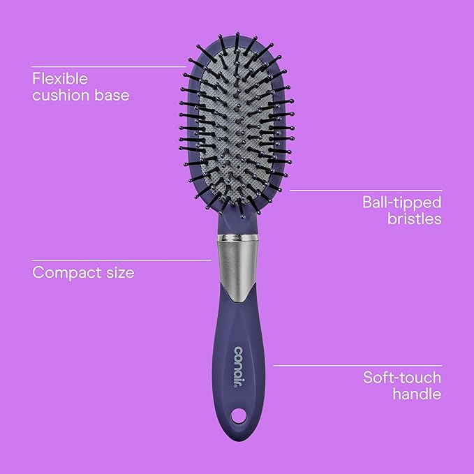 Conair Totally Smooth Mini Hair Brush, Soft-Touch Handle, Ball-Tipped Bristles for Detangling Wet or Dry Hair, Color May Vary