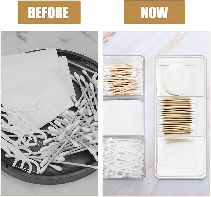 Qtip Holder Dispenser for Cotton Balls, Swabs, Pads, Floss Picks, 3 Compartments Clear Acrylic Container Box with Lid for Bathroom Canister Storage Organization, Vanity Makeup Organizer (#A)