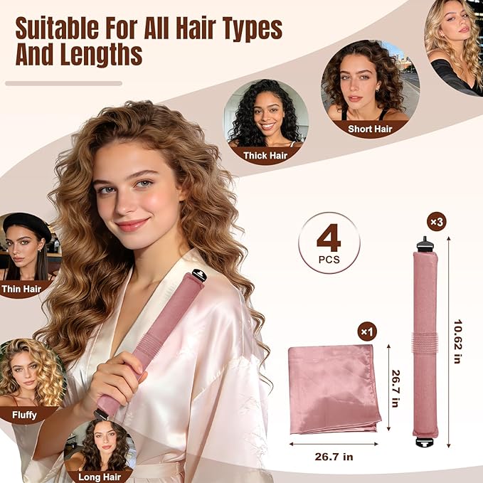 TULOBI 3 Pcs Heatless Curls Overnight - Upgraded Velvet Heatless Hair Curler with Velcro Fastener, Overnight Jumbo Blowout Rods, Hair Curlers to Sleep in for All Hair Types (Dark Pink)