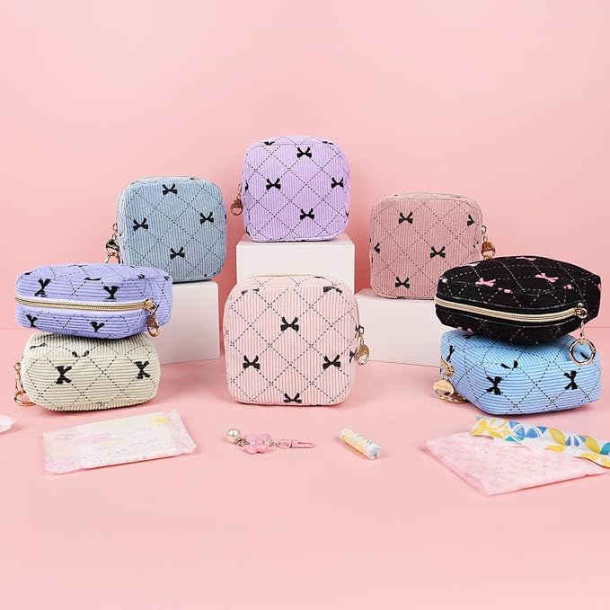 Period Bag for Teen Girls, Corduroy Cute Sanitary Napkin Storage Bag, Menstrual Pad Pouches Tampon Holder for Purse (Purple-Bow Tie)