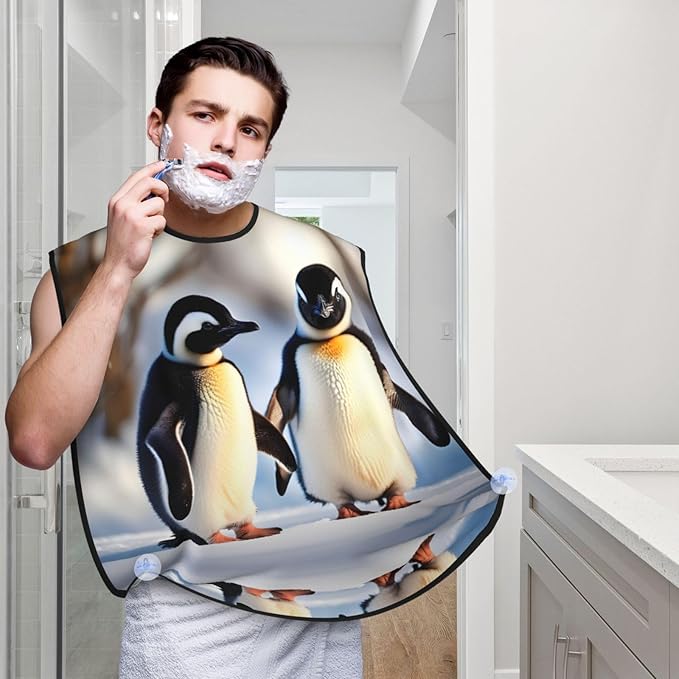 Young Penguins With Snow Print Beard Bib Apron For Men, Beard Hair Catcher For Men Shaving Trimming,Beard Cape Cloth