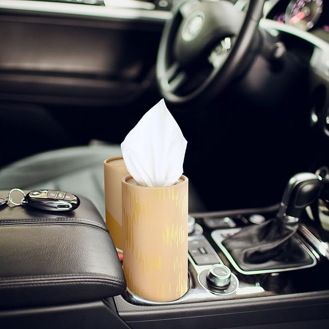 12 Pack Car Tissue Cylinder Holder Bulk with 3 Ply Facial Tissues, Round Napkin Holders for Car Cup Holder Cylinder Travel Paper Tubes Bulk Round Napkin Boxes Packs(Modern Gold Line)