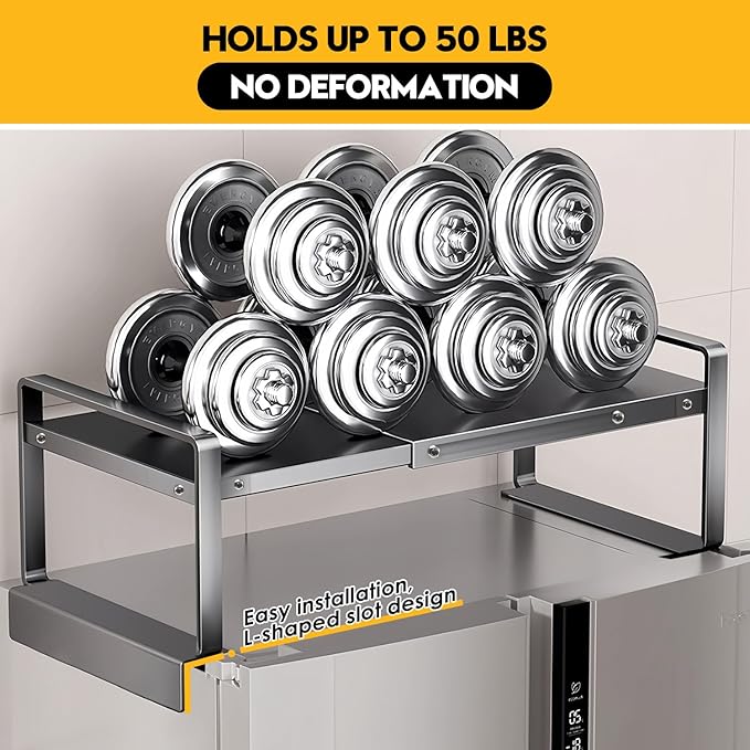 (17-31.5 inches) Adjustable Refrigerator or Washer Top Storage Rack - Expandable Organizer Shelf, L-Shaped Protective Card Slot Design for Kitchen, Laundry Room, Dorm -Durable Metal Space Saver-Large
