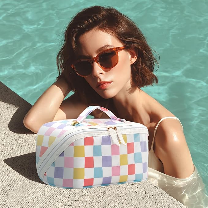 DYSHAYEN Travel Makeup Bag with Compartments Clear Coated Cosmetic Bag for Women, Waterproof Portable Open Flat Toiletry bag （Rainbow Gingham）