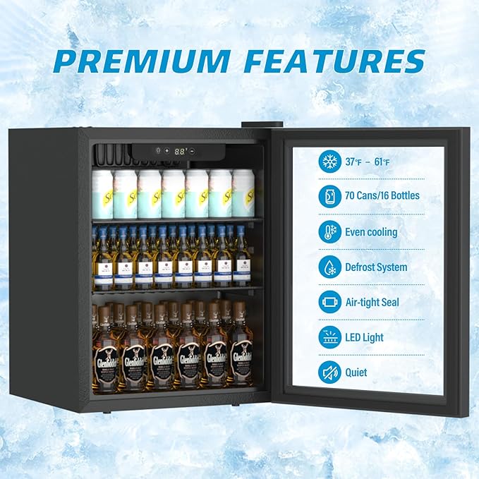 Compact Beverage Refrigerator,70 Can/1.6 Cubic Feet Fridge with Glass Front Door for Soda, Beer or Wine, Under Counter Small Refrigerator with Adjustable Shelve & Digital Display