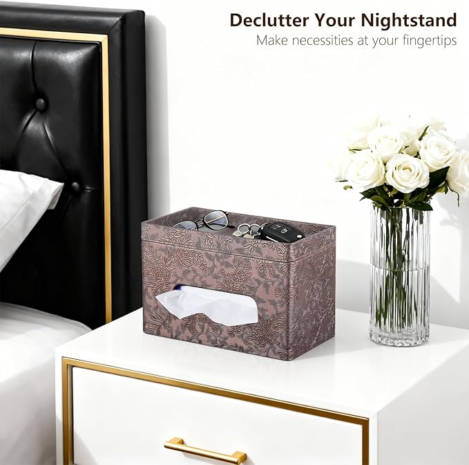 Fanousy Large Tissue Box Cover Rectangle with Tray on Top, PU Leather Facial Tissue Holder with Storage, Fits 230-Count Family Size Kleenex, Modern Nightstand Organizer for Bathroom Office Home Decor