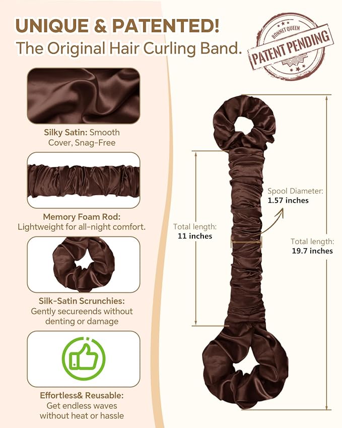 BONNET QUEEN Satin Heatless Hair Curler, Overnight Curls for Long Hair, ultra soft Heatless Curling Rod & 2 Scrunchies,Damage-Free Styling, Soft Hair Curlers for Overnight Use(Brown)