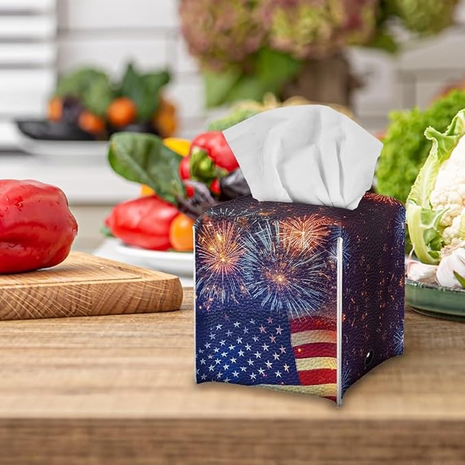 Firework American Flag Tissue Box Holder Square PU Leather Tissue Organizer Case with Metal Button Waterproof Napkin Holder for Home Office Car Automotive Decor