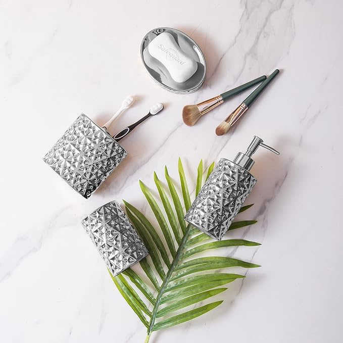 Silver Bathroom Accessories Set, 4 Piece Ceramic Bath Accessory Sets Complete, Diamond Soap Dispenser and Silver Toothbrush Holder Set for Bathroom Counter Sink, Farm Modern Bathroom Decor