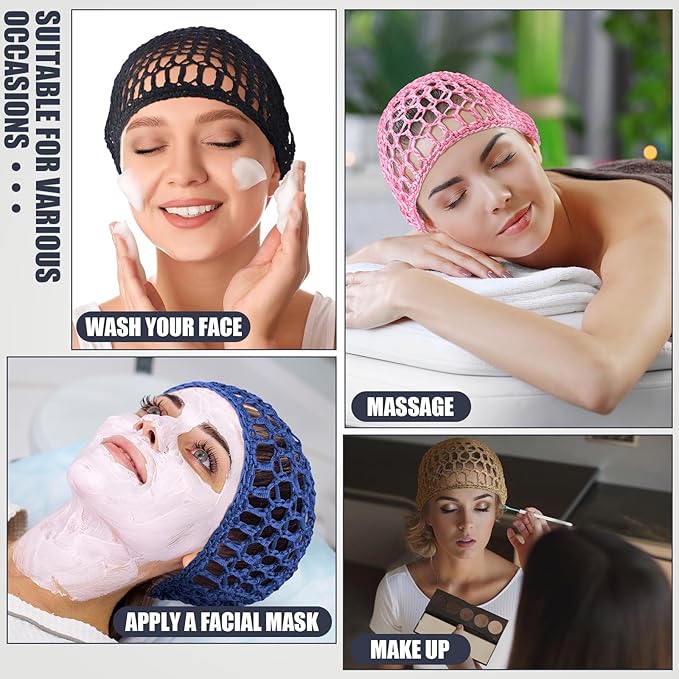 Geyoga 4 Pieces Mesh Crochet Hair Net Rayon Knit Snood Hat Thick Short Women Hairnet Snoods Cover Ornament for Sleeping(Black, Pink, Gray, Blue)
