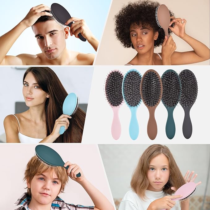 Boar Bristles Hair Brush for Women and Men, Detangling Hair Brush for Smoothing Massage Add Shine, Nylon&Boar Bristles Detangler brush for Hair Healthy (1 Pack-Green)