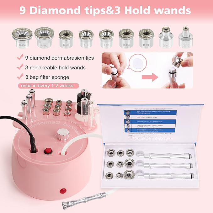 3 in 1 Diamond Micro DermaBrasion Machine,Mcwdoit Professional Dermabrasion Facial Skin Care Device with Wand, Spray Bottle and Vacuum Glass Tube for Personal Home Beauty Salon Use-Pink