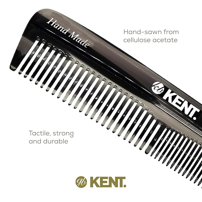 Kent R7TG Black Graphite Double Tooth Hair Pocket Comb, Small Fine/Wide Tooth Comb For Styling Hair, Beard and Mustache, for Men, Women and Kids. Saw Cut and Hand Polished. Handmade in England